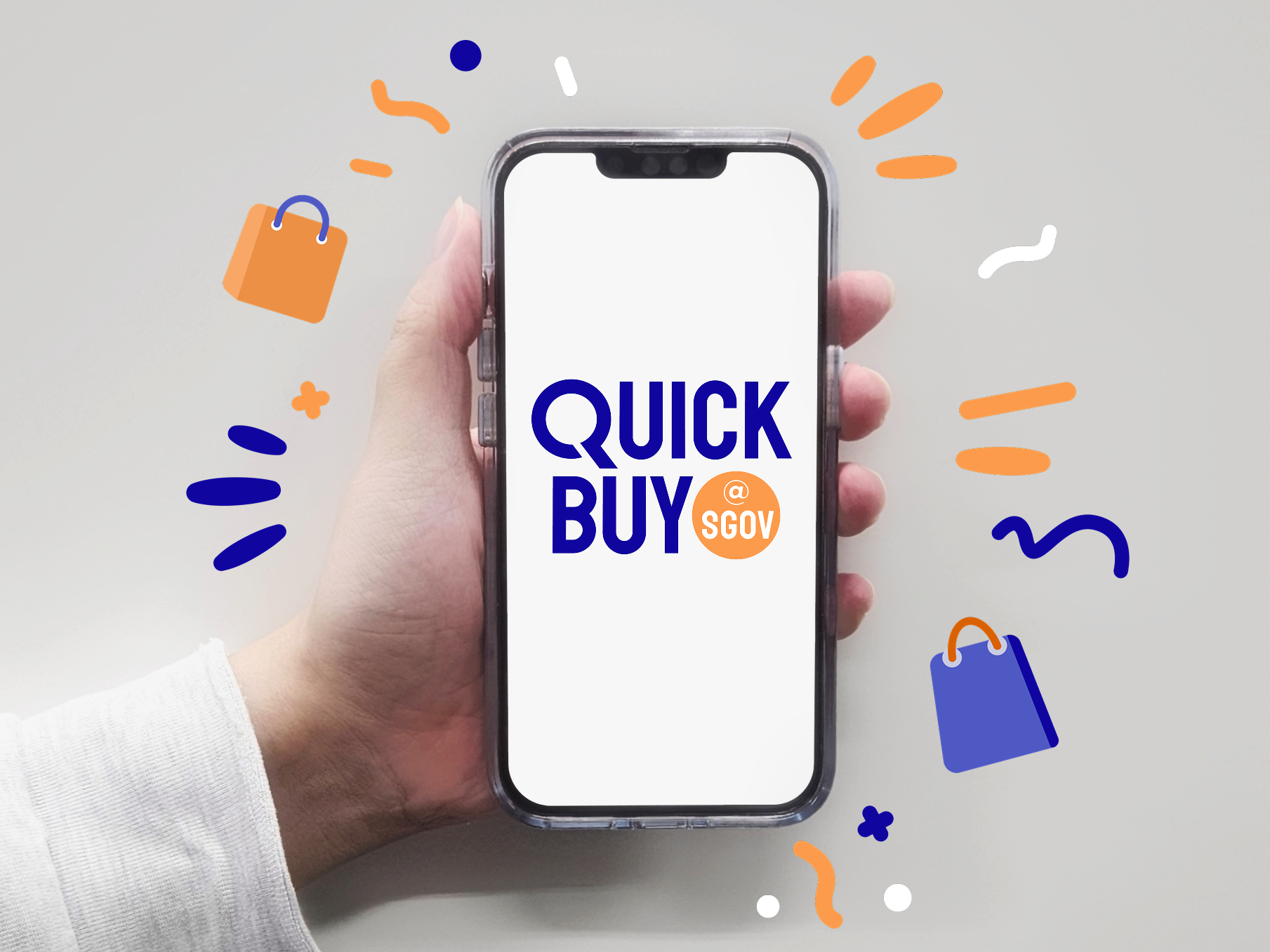 A hand holding a phone with the QuickBuy@SGov logo and confetti around it.